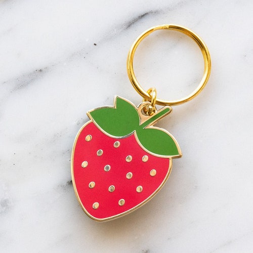 Strawberry Enamel Keychain // Gold / Emoji / Fruit / Key Chain Etsy