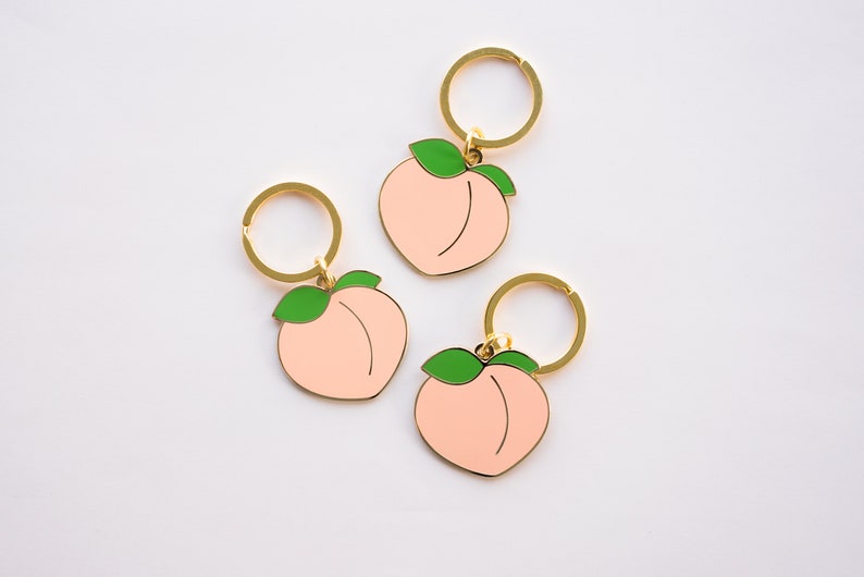 Peach Enamel Keychain // Gold / Peach Emoji / Fruit Keychain / Etsy