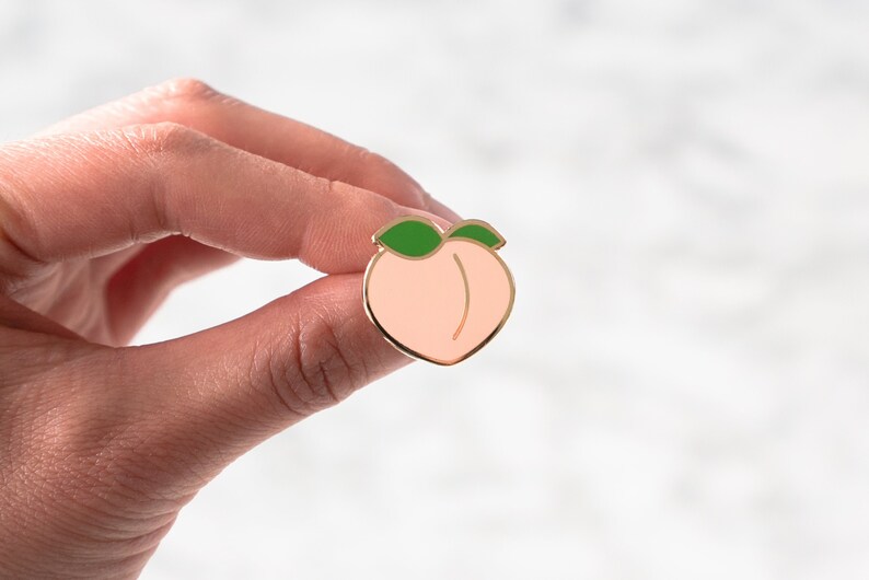 Peach Enamel Lapel Pin // gold / green / peach emoji / fruit Etsy