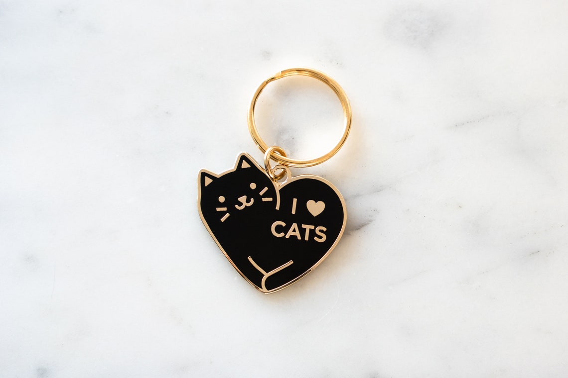 I Love Cats Enamel Keychain // gold / black cat / white cat / Etsy
