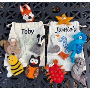 May include: Handmade felt animal toys, including a fox, squirrel, bee, owl, badger, crab, seal, seahorse, seagull, and starfish. Two canvas bags are labelled "Toby" and "Jamie's". The toys are in various colours.