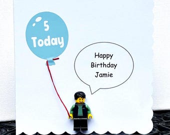 Personalised card with Lego person saying 'Happy Birthday' (with a real lego person)