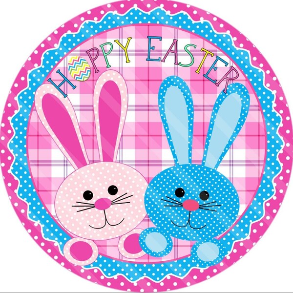 Whimsical Blue and Pink Bunny Wreath Sign, Patchwork pink and blue Easter Bunny wreath sign.