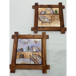 2 PC Vtg Wood Framed Ceramic Tile Wall Hanging
