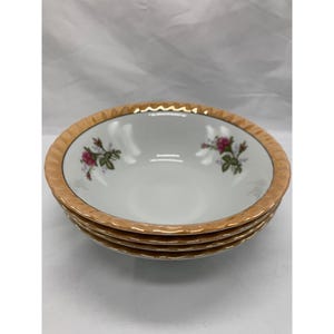 Set of 4 Vtg Yamatsu 7&quot; Bowl Gold Lusterware Scallop Edge Roses