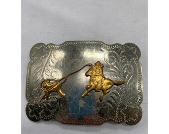 Vintage German Silver Western Belt Buckle With Gold Cowboy & Lasso Design