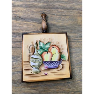 1960&#39;s Vintage MCM Wood Framed Hand Painted Ceramic Tile with Fruit Design