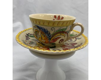 Hand-Painted Ceramic Cup & Saucer With Vibrant Floral Motif Vintage Style England