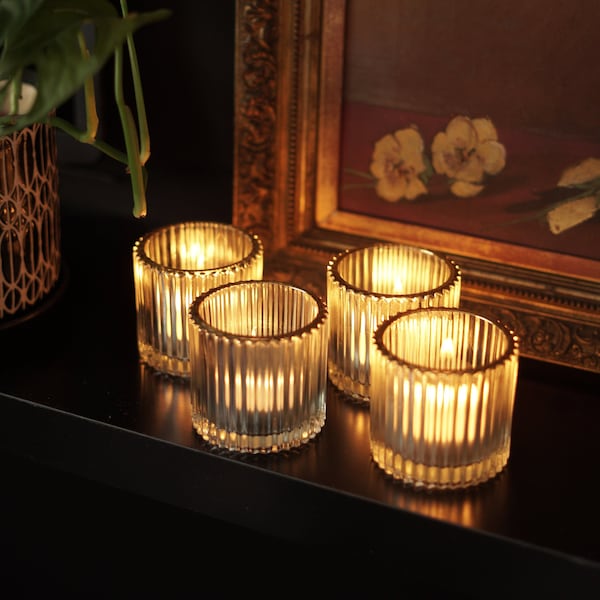 Tea Light Holders, 4 x Reeded Glass, Glass Tea Light Holder, Cool Glassware, Modern Home