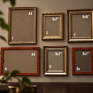 May include: A collection of six rectangular picture frames mounted on a wall. Frames 1, 2, 3, and 5 are gold-toned with ornate detailing, while frames 4 and 5B feature a reddish-brown wood grain finish. Labels indicate sizes A4, 5x7", and 6x8".