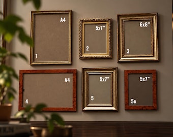 May include: A collection of six rectangular picture frames mounted on a wall. Frames 1, 2, 3, and 5 are gold-toned with ornate detailing, while frames 4 and 5B feature a reddish-brown wood grain finish. Labels indicate sizes A4, 5x7", and 6x8".