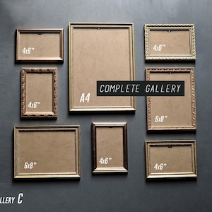 May include: An assortment of gold-coloured picture frames in different sizes, including 4x6 inch and 6x8 inch frames, and an A4 frame. The frames are displayed against a dark grey backdrop. Text on the image reads "COMPLETE GALLERY" and "GALLERY C".