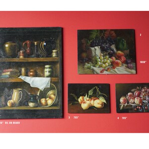 May include: Four framed still life paintings on a red background. The paintings depict various fruits, including grapes, peaches, and plums, as well as other objects like jars, bowls, and a pitcher. The paintings are labelled with numbers and dimensions, such as "1 12x16" Oil on Board" and "2 10x8".