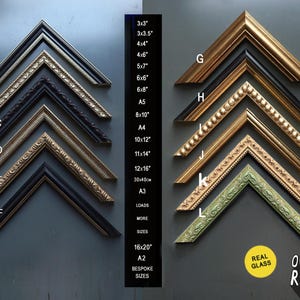 May include: A collection of twelve V-shaped picture frame corner samples labelled A through L, featuring various metallic, black, and ornate finishes. A central column lists sizes including 3x3", 4x6", 8x10", and 16x20". A yellow circle reads REAL GLASS.