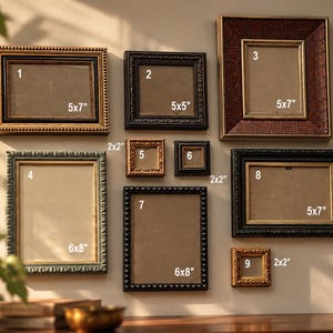 May include: A collection of nine decorative picture frames in various sizes and finishes, including gold, black, and textured brown. The frames are labelled with numbers 1 through 9 and their respective dimensions in inches, such as 5x7, 5x5, 2x2, and 6x8.