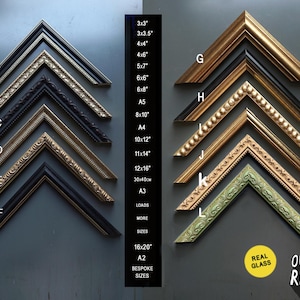 May include: A collection of twelve V-shaped picture frame corner samples labelled A through L, featuring various metallic, black, and ornate finishes. A central column lists sizes including 3x3", 4x6", 8x10", and 16x20". A yellow circle reads REAL GLASS.