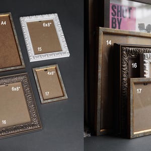 Op de afbeelding: Een assortiment fotolijsten in verschillende maten en stijlen. De lijsten zijn gemaakt van hout en hebben een gouden of witte afwerking. De lijsten zijn gelabeld met hun afmetingen in inches, waaronder 4x6, 6x8 en A4.