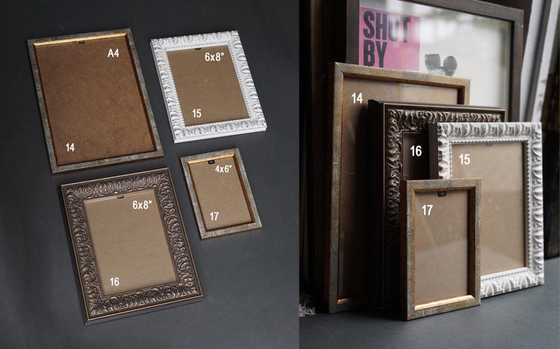 Op de afbeelding: Een assortiment fotolijsten in verschillende maten en stijlen. De lijsten zijn gemaakt van hout en hebben een gouden of witte afwerking. De lijsten zijn gelabeld met hun afmetingen in inches, waaronder 4x6, 6x8 en A4.