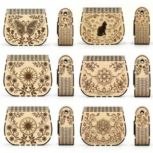 Könnte beinhalten: Eine Sammlung von sechs kleinen Holzschachteln mit Klappdeckeln, die jeweils mit detaillierten Lasergravuren wie Schmetterling, Katze, Sonnenblumen, Rosen und Lotusblüte sowie passenden floralen Mustern an den Seitenteilen versehen sind.