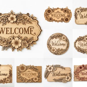 May include: A collection of wooden welcome signs with floral and leaf designs. The signs are in various shapes, including oval, rectangular, and circular, and feature the word "WELCOME" in a decorative font. The signs are made of light brown wood.