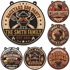 May include: A collection of six circular wooden signs featuring barbecue-themed designs. Each sign displays engraved text such as BACKYARD BBQ PARTY, THE SMITH FAMILY, THE WILSON FAMILY SMOKEHOUSE, SMOKE & SIZZLE, and LICENSED TO GRILL, with grill graphics.