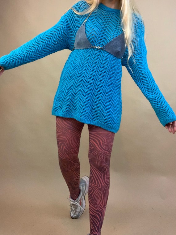 Bright blue cotton crochet sweater