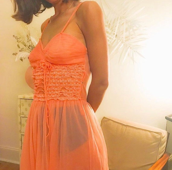 Sheer peach lace ruffle dress - image 6