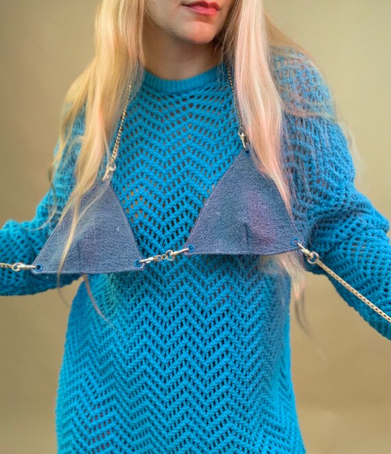 Bright blue cotton crochet sweater - image 3