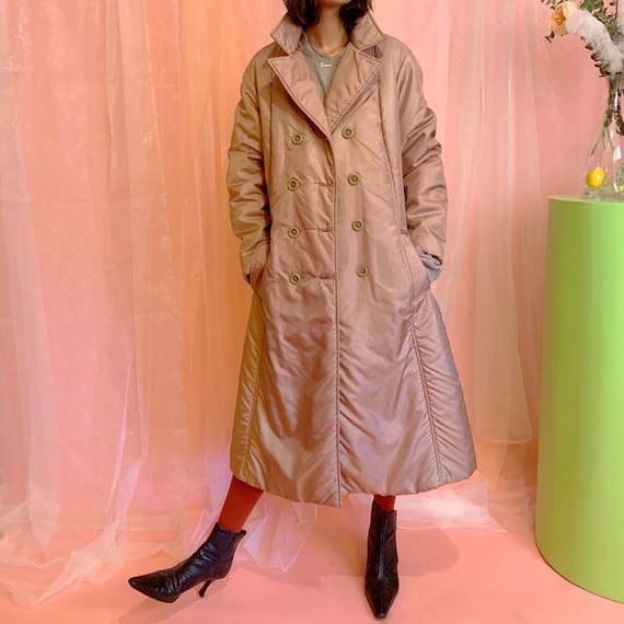 Shiny quilted puffer trench coat
