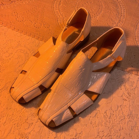 White patent croc cutout shoes