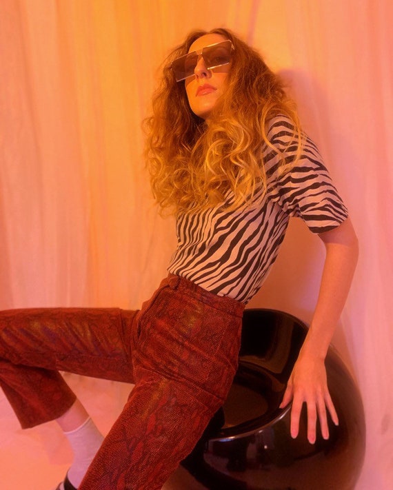 Red leather snakeskin high waist pants