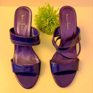 Patent + snakeskin blue wedges