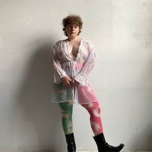 Hand-Dyed Tie Dye Tights: Two-Tone Green & Pink Stockings