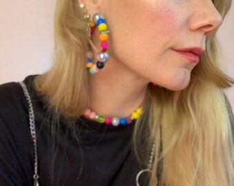 Beaded hoop earrings, bright wood bead hoops, beaded large hoops, modern bright beaded hoops, colorful bead hoop earrings