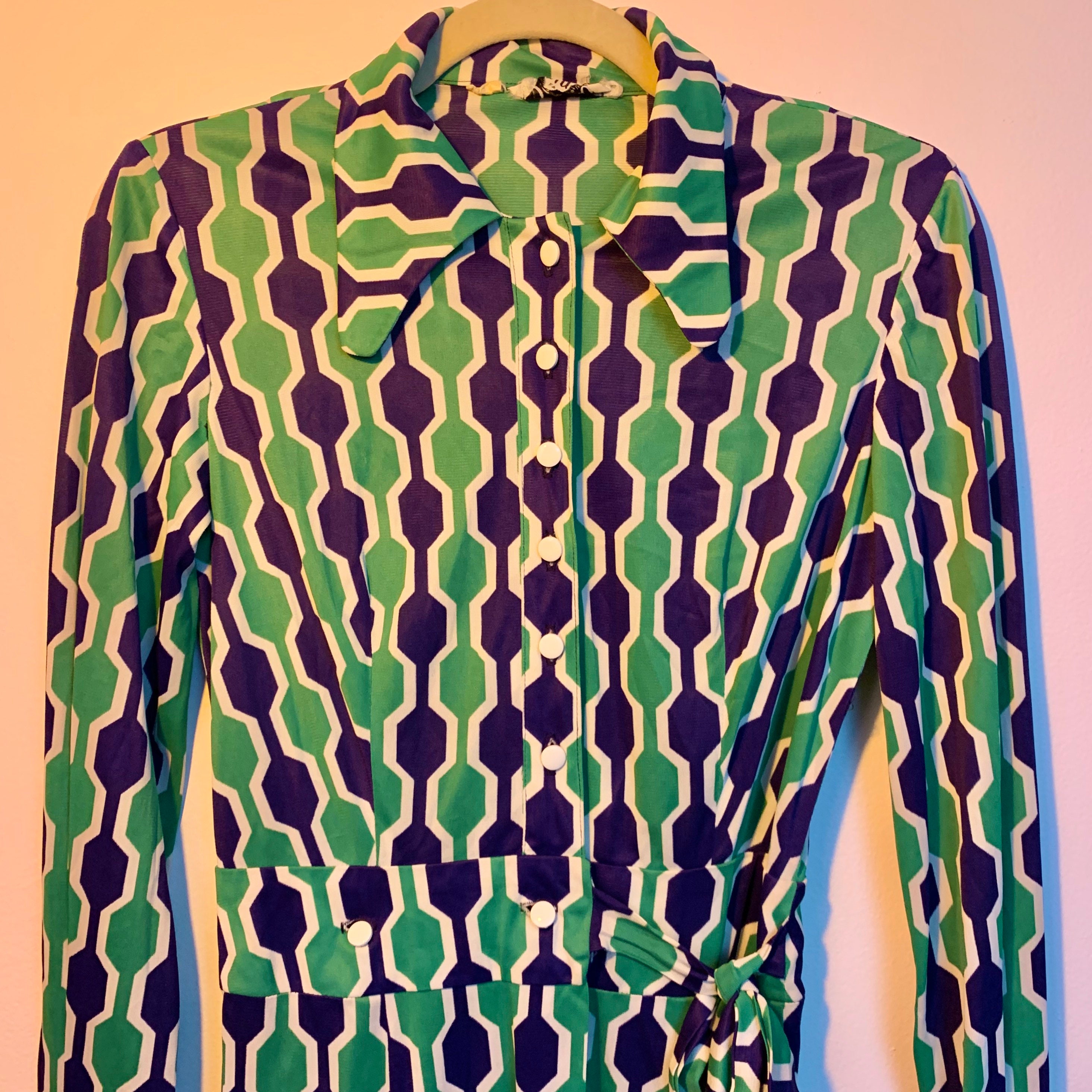 70s Geometric Print Retro Wrap Dress - Etsy