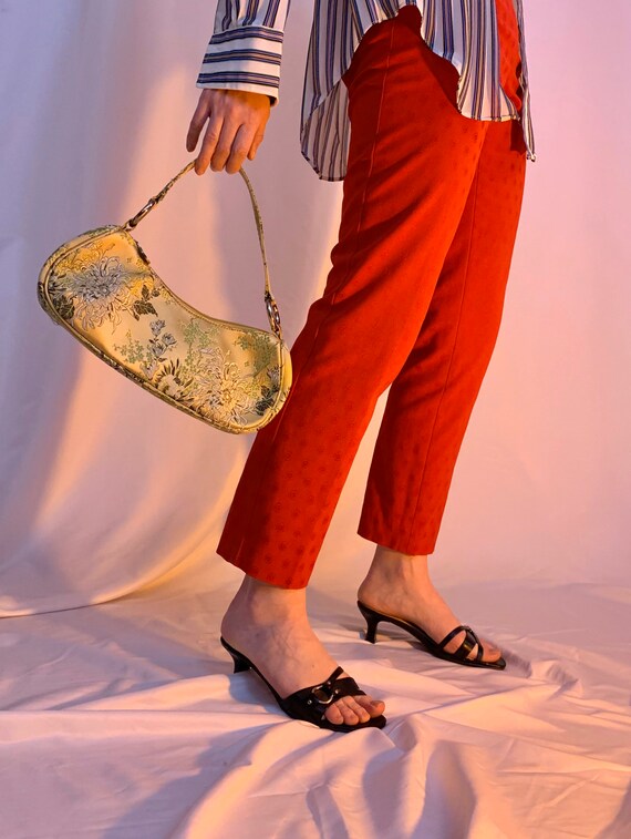 Red brocade cropped cigarette pants