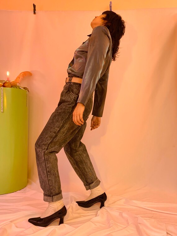 Extreme high waist leather acid wash jeans