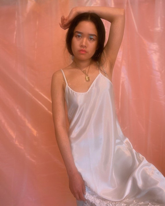 Satin sheer appliqué wedding slip dress
