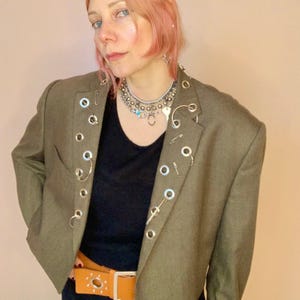 Upcycled Embellished Blazer: Grommet, O-Ring & Safety Pin Detail