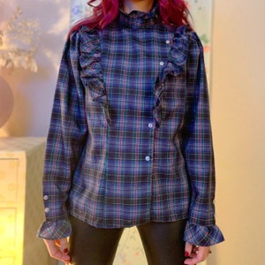 Puff sleeve ruffle plaid shirt