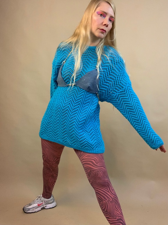 Bright blue cotton crochet sweater - image 2