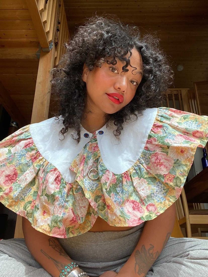 Floral Ruffle Detachable Collar: Recycled Vintage Fabric, Silver Chain