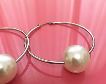 Steel faux pearl hoops