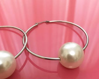 Steel faux pearl hoops