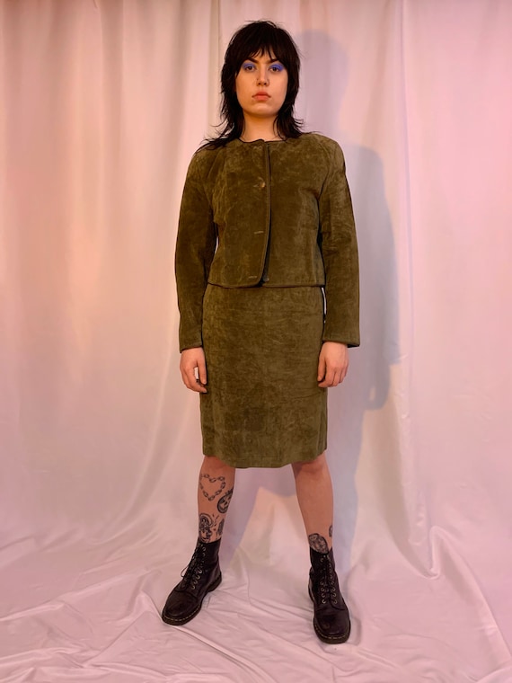 Olive green suede skirt suit