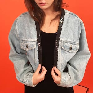 Cropped open denim & sequin jacket M image 5