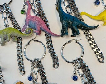 Vintage toy charm earring, dinosaur charm earring, single toy charm earring, rhinestone chain charm earring, 90’s toy charm earring