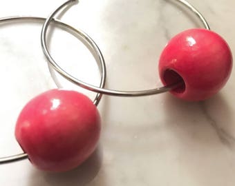 Pink glazed wood bead hoop earrings