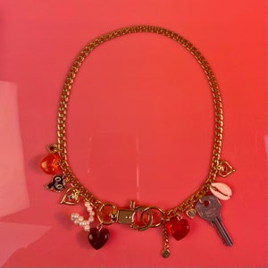 Mixed Charm Necklace: Pearl, Shell & Heart on Gold Cuban Chain