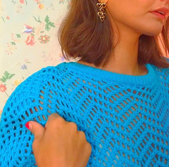 Bright blue cotton crochet sweater - image 6